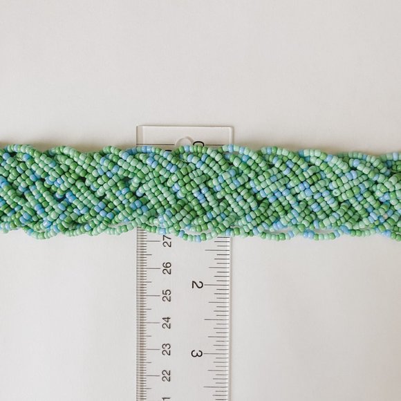 Tanjore India SignedTurquoise Blue Green Woven Seed Bead Collar Bib Necklace - Picture 12 of 12